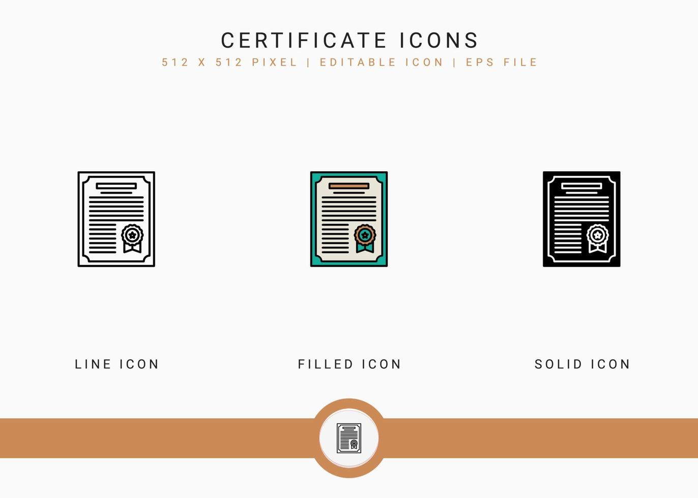 Certificate icons set vector illustration with solid icon line style. Winner award concept. Editable stroke icon on isolated background for web design, user interface, and mobile app