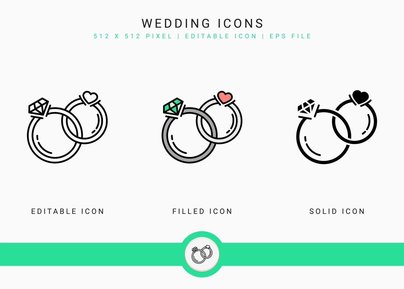 Wedding icons set vector illustration with solid icon line style. Love romance concept. Editable stroke icon on isolated background for web design, user interface, and mobile application