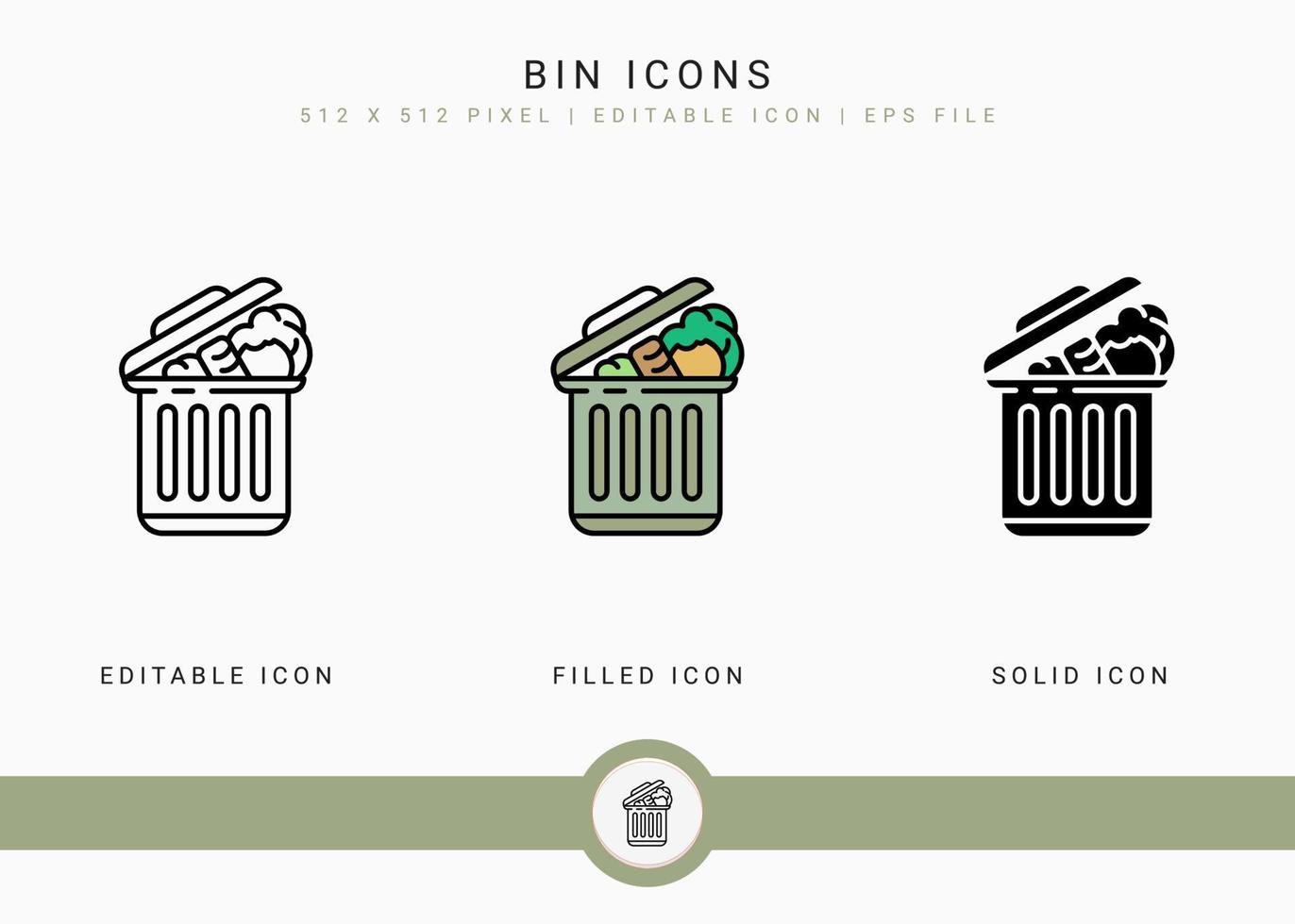 Bin icons set vector illustration with solid icon line style. Dust garbage basket concept. Editable stroke icon on isolated background for web design, user interface, and mobile app
