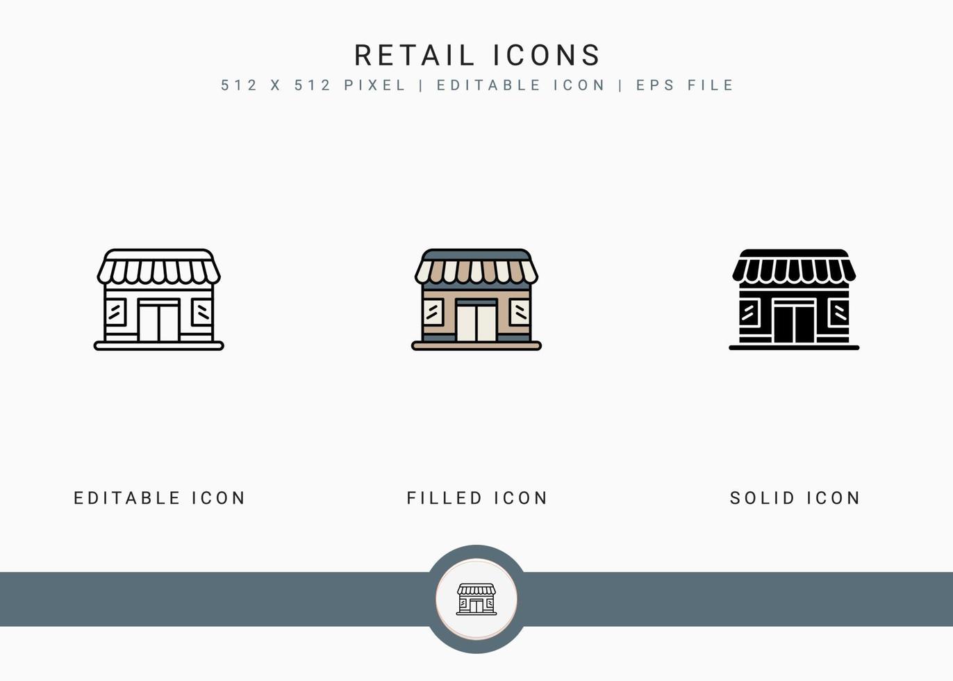 Retail icons set vector illustration with solid icon line style. Online store market concept. Editable stroke icon on isolated background for web design, user interface, and mobile app