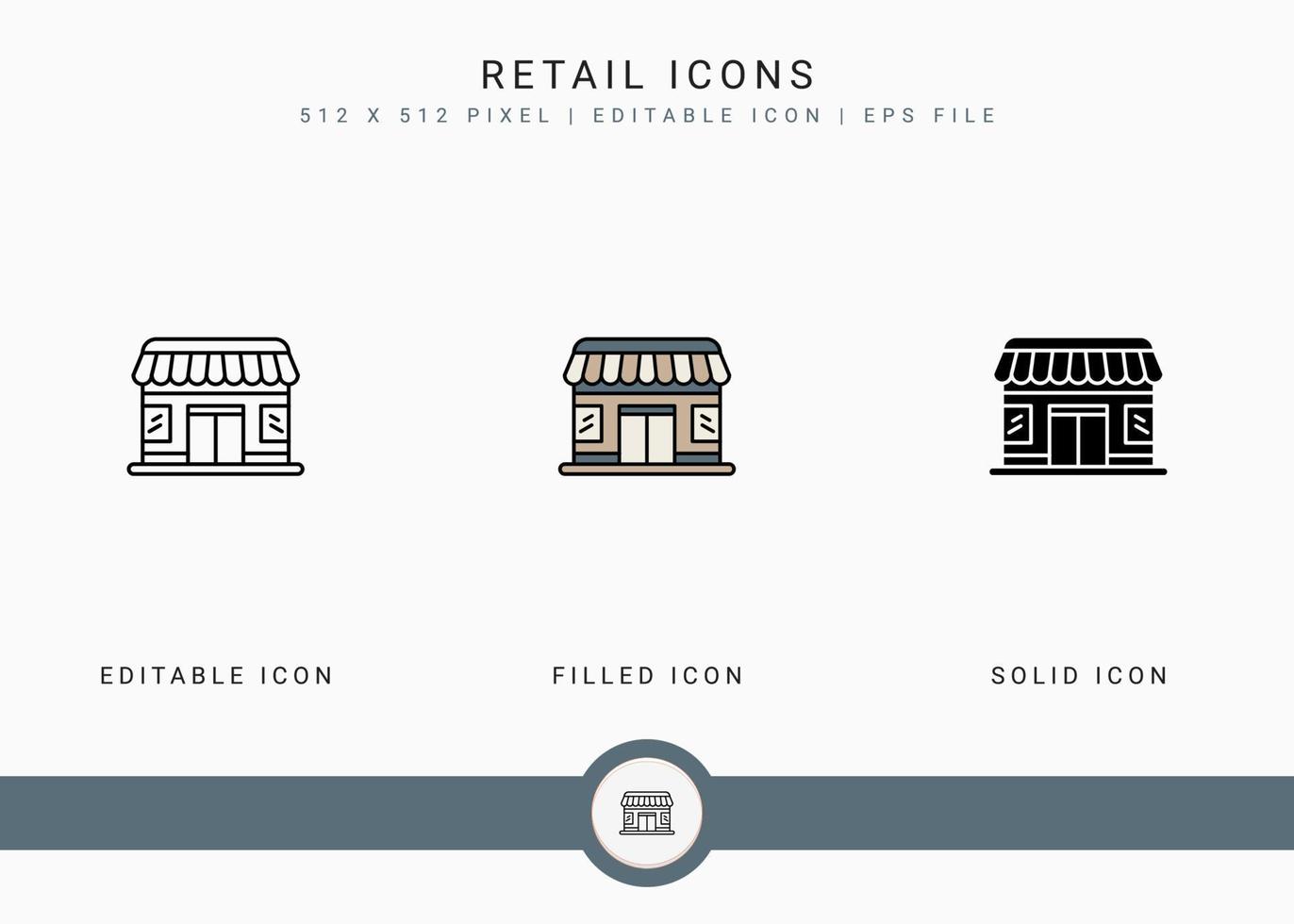 Retail icons set vector illustration with solid icon line style. Online store market concept. Editable stroke icon on isolated background for web design, user interface, and mobile app