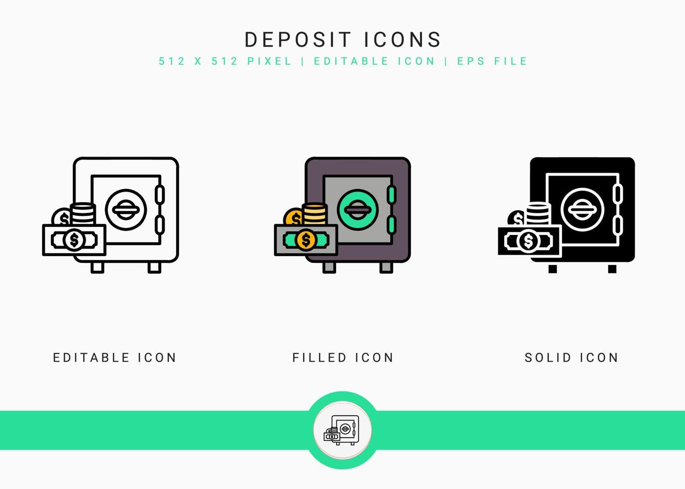 Deposit icons set vector illustration with icon line style. Pension fund plan concept. Editable stroke icon on isolated white background for web design, user interface, and mobile application