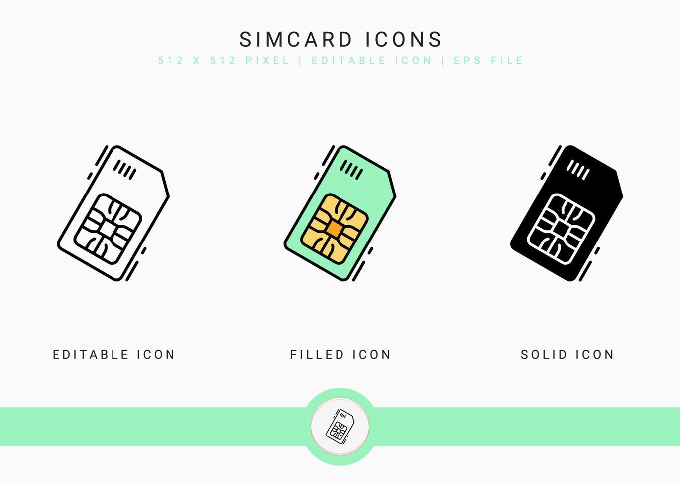 Simcard icons set vector illustration with solid icon line style. Phone chip concept. Editable stroke icon on isolated background for web design, user interface, and mobile application