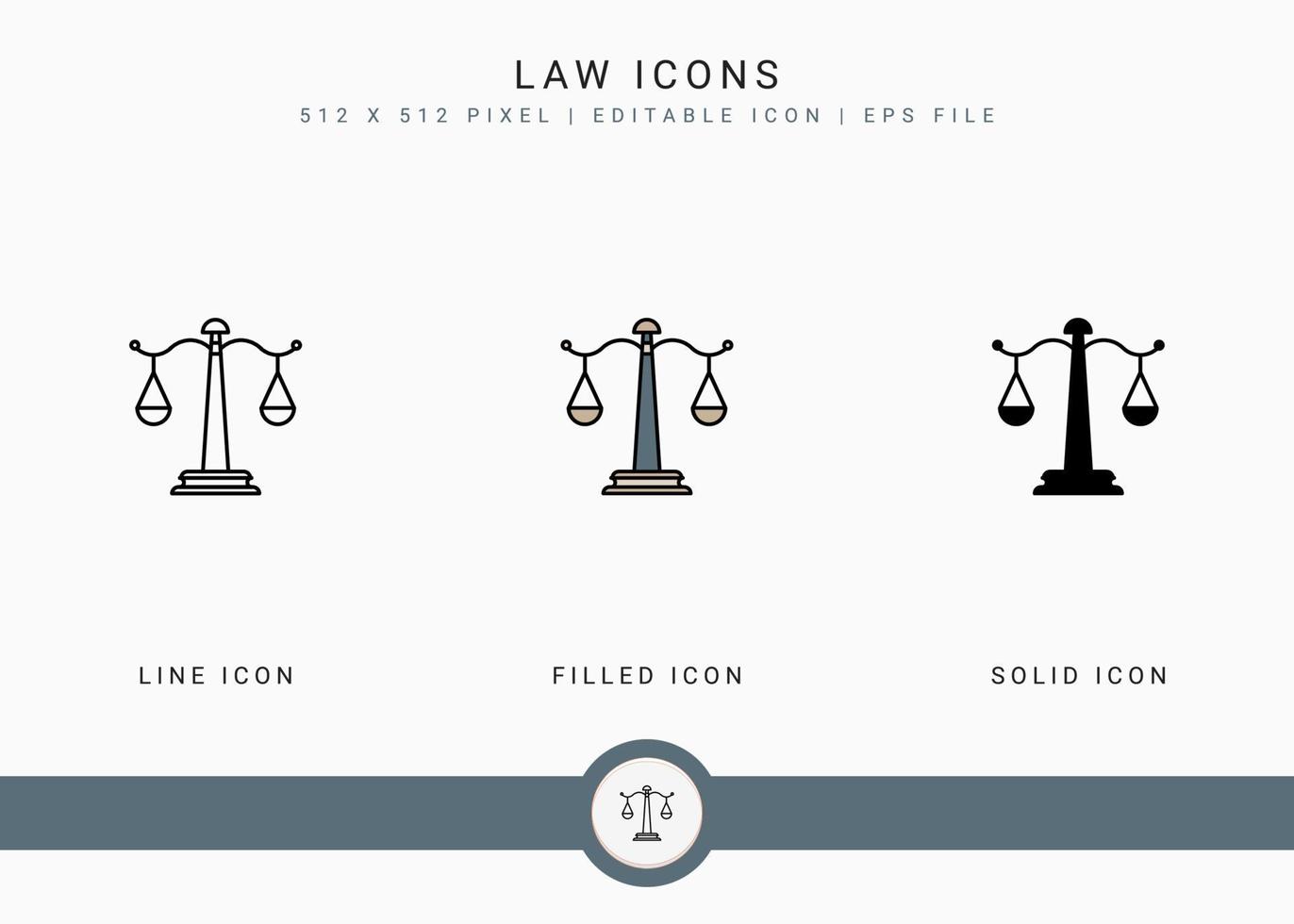 Law icons set vector illustration with solid icon line style. Government public election concept. Editable stroke icon on isolated background for web design, user interface, and mobile app