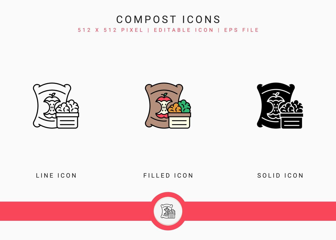 Compost icons set vector illustration with solid icon line style. Bio degradable concept. Editable stroke icon on isolated background for web design, infographic and UI mobile app.