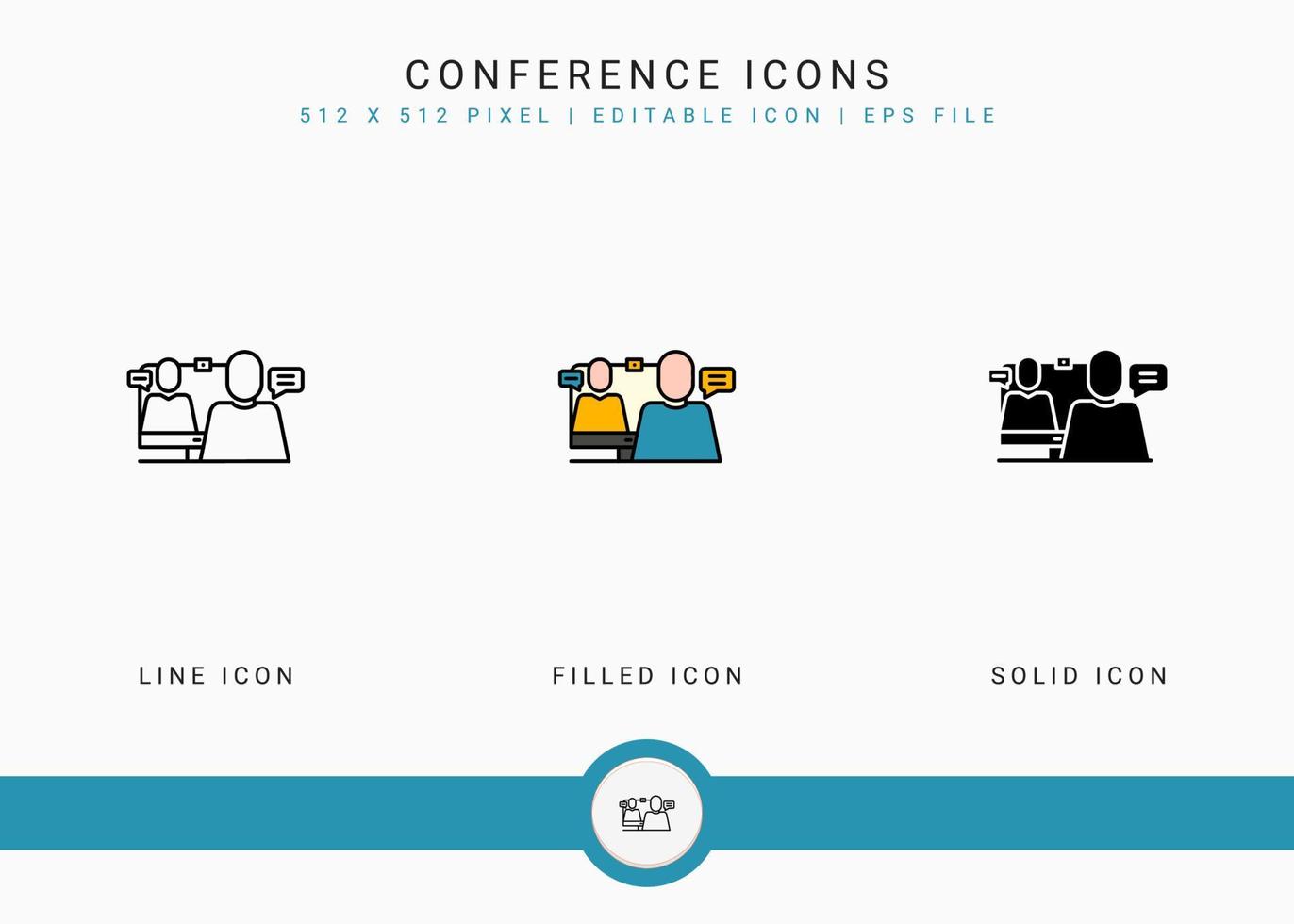 Conference icons set vector illustration with solid icon line style. Video call communication concept. Editable stroke icon on isolated background for web design, infographic and UI mobile app.