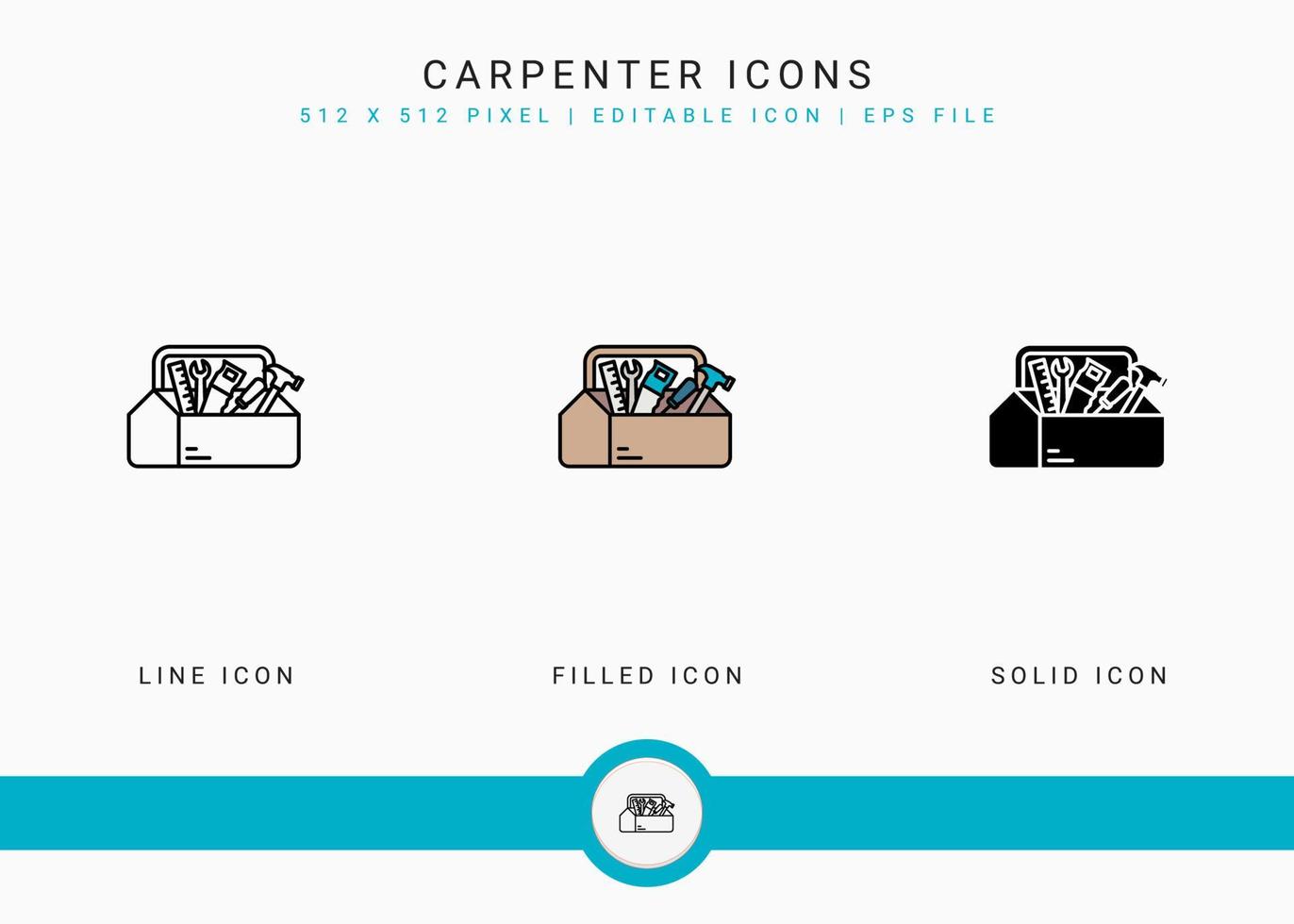 Carpenter icons set vector illustration with solid icon line style. Hammer tool building concept. Editable stroke icon on isolated background for web design, user interface, and mobile application