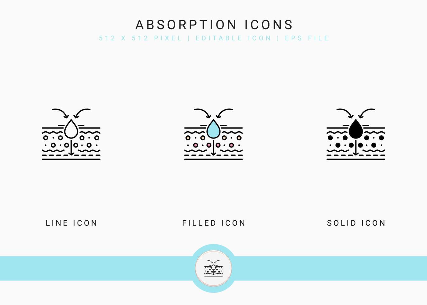 Absorption icons set vector illustration with solid icon line style. Skin moisture water concept. Editable stroke icon on isolated background for web design, user interface, and mobile application