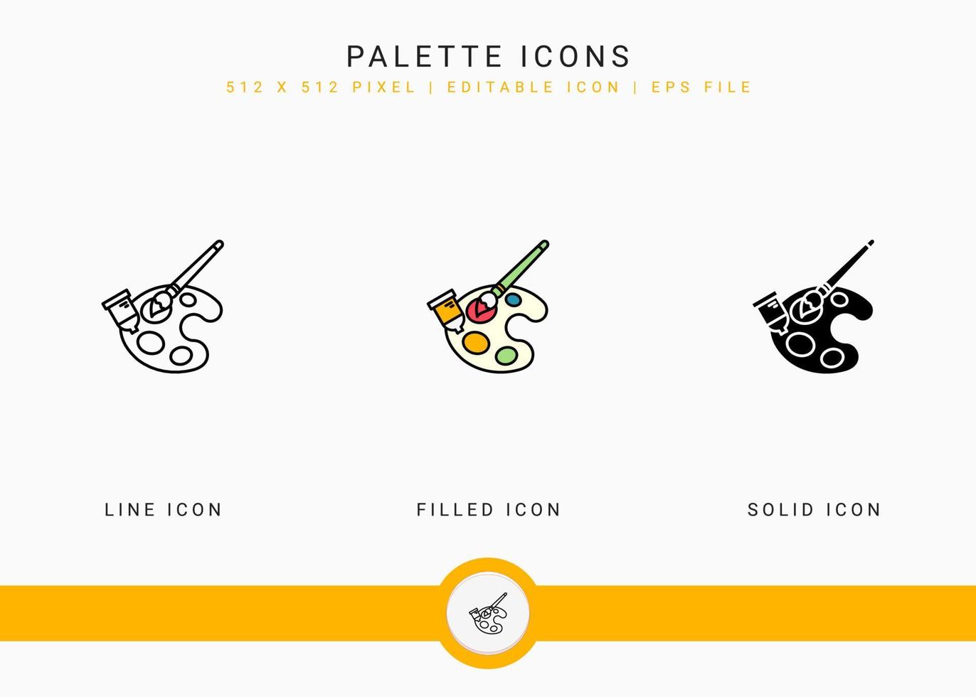 Palette icons set vector illustration with solid icon line style. Color brush art concept. Editable stroke icon on isolated background for web design, user interface, and mobile application