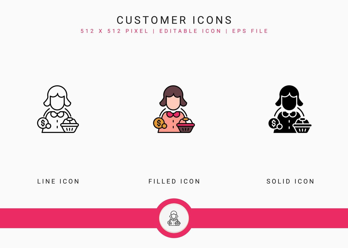 Customer icons set vector illustration with solid icon line style. Consumer satisfaction check concept. Editable stroke icon on isolated background for web design, infographic and UI mobile app.