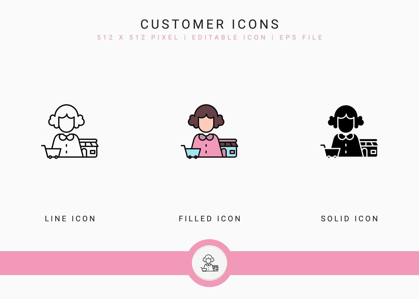 Customer icons set vector illustration with solid icon line style. Consumer satisfaction check concept. Editable stroke icon on isolated background for web design, infographic and UI mobile app.