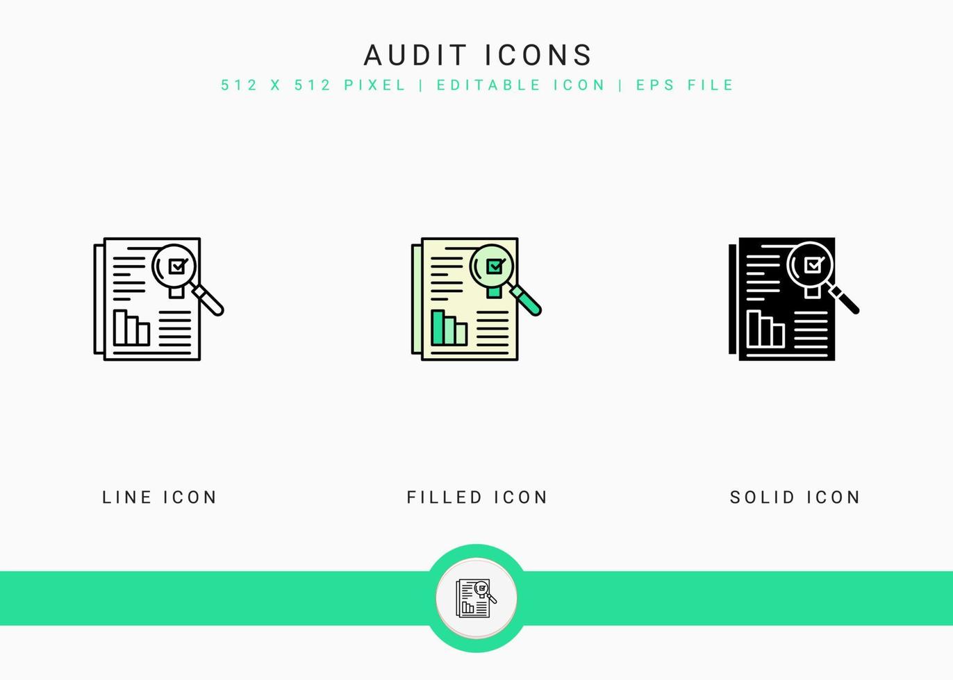 Audit icons set vector illustration with solid icon line style. Financial overview control concept. Editable stroke icon on isolated background for web design, infographic and UI mobile app.