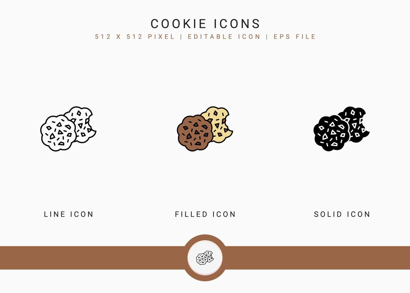 Cookie icons set vector illustration with solid icon line style. Biscuit bite concept. Editable stroke icon on isolated background for web design, user interface, and mobile app