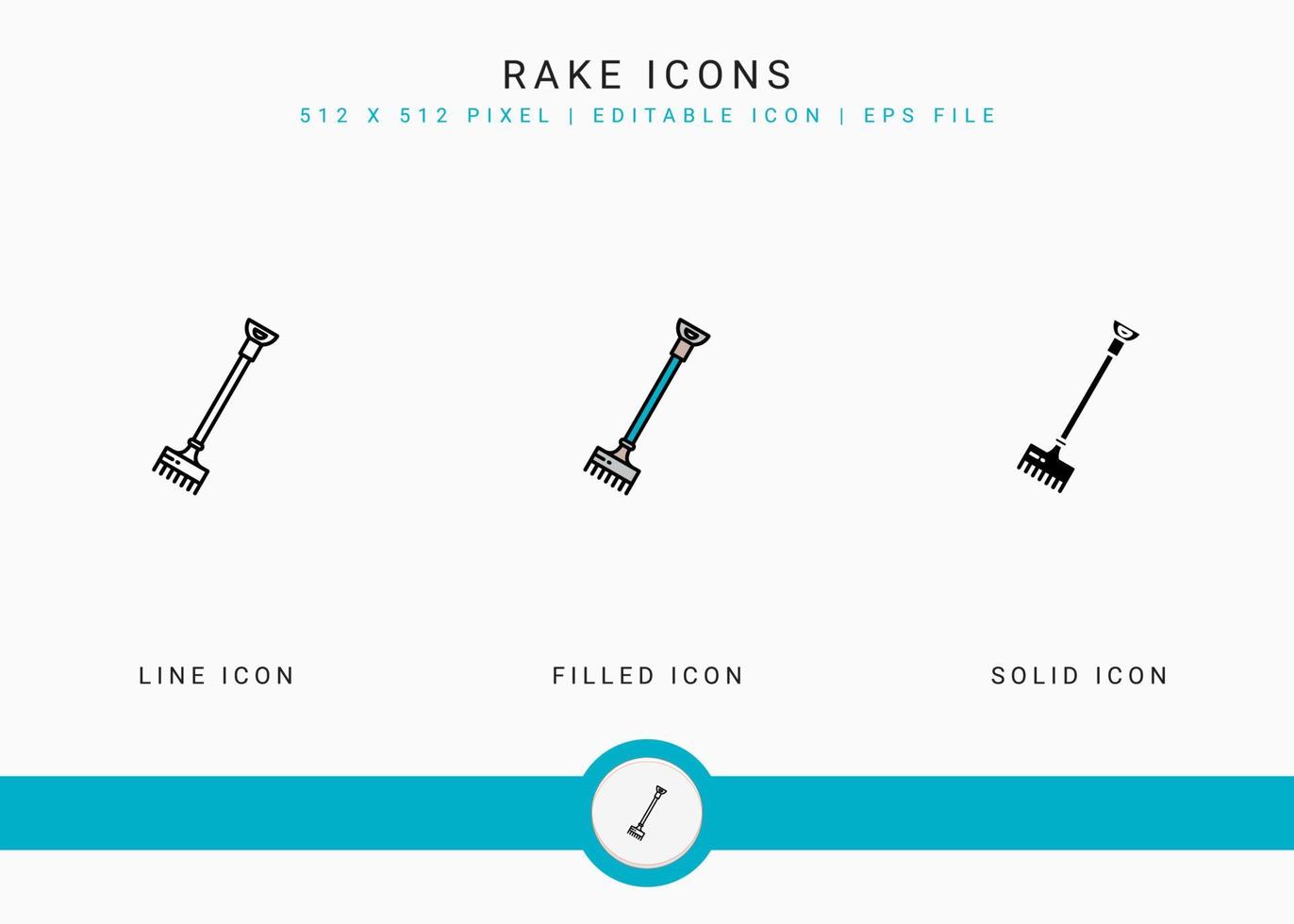 Rake icons set vector illustration with solid icon line style. Plant gardening agriculture concept. Editable stroke icon on isolated background for web design, user interface, and mobile app