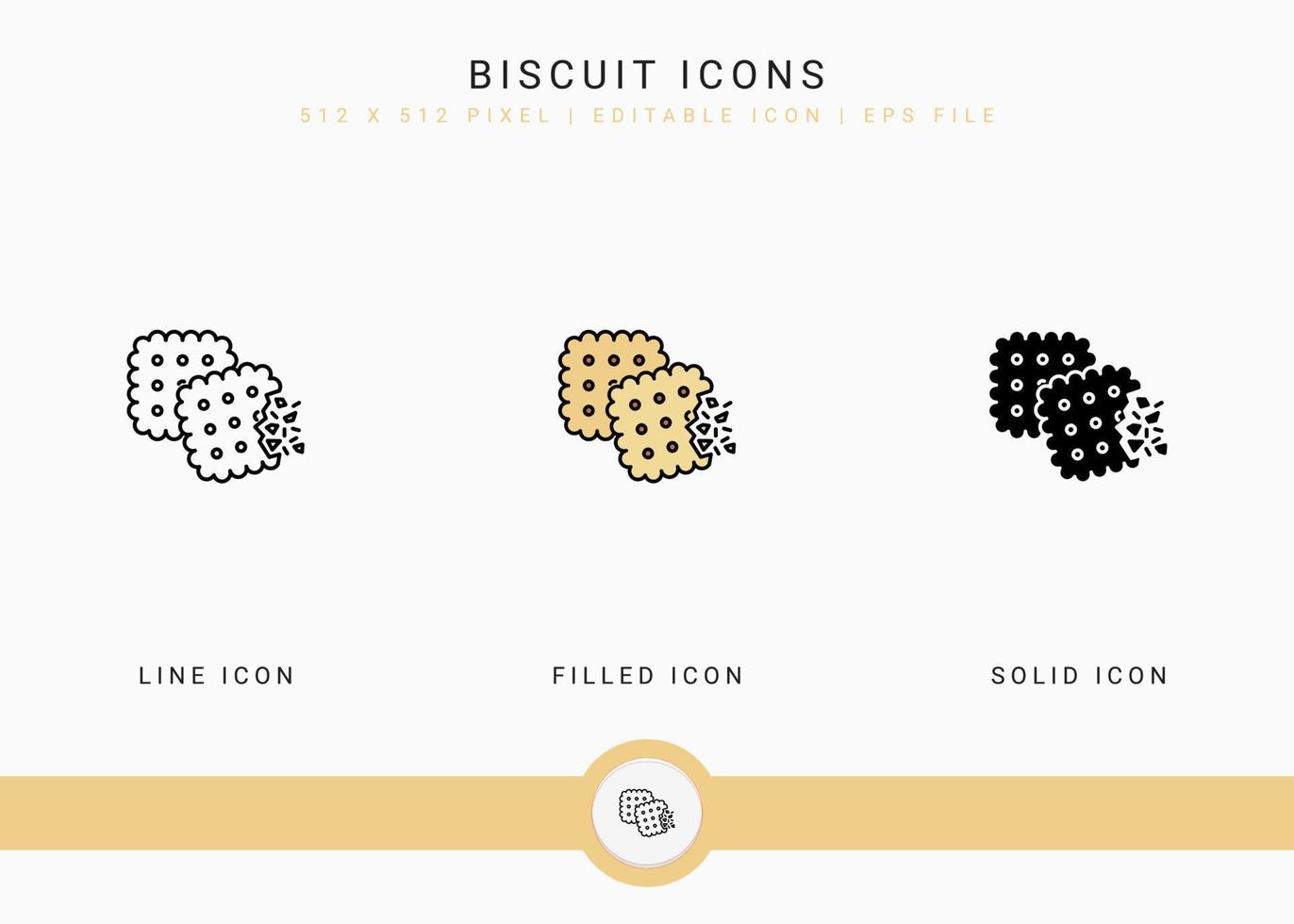 Biscuit icons set vector illustration with solid icon line style. Cookie bite concept. Editable stroke icon on isolated background for web design, user interface, and mobile app