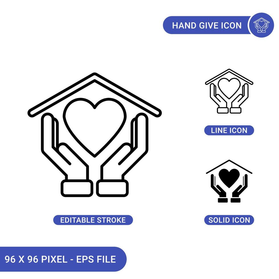 Hand give icons set vector illustration with solid icon line style. CSR or life care concept. Editable stroke icon on isolated background for web design, infographic and UI mobile app.