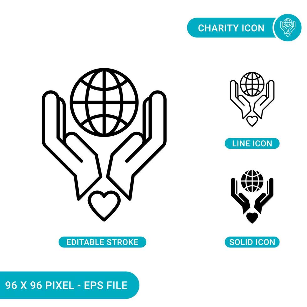 World charity icons set vector illustration with solid icon line style. Heart donation concept. Editable stroke icon on isolated background for web design, infographic and UI mobile app.