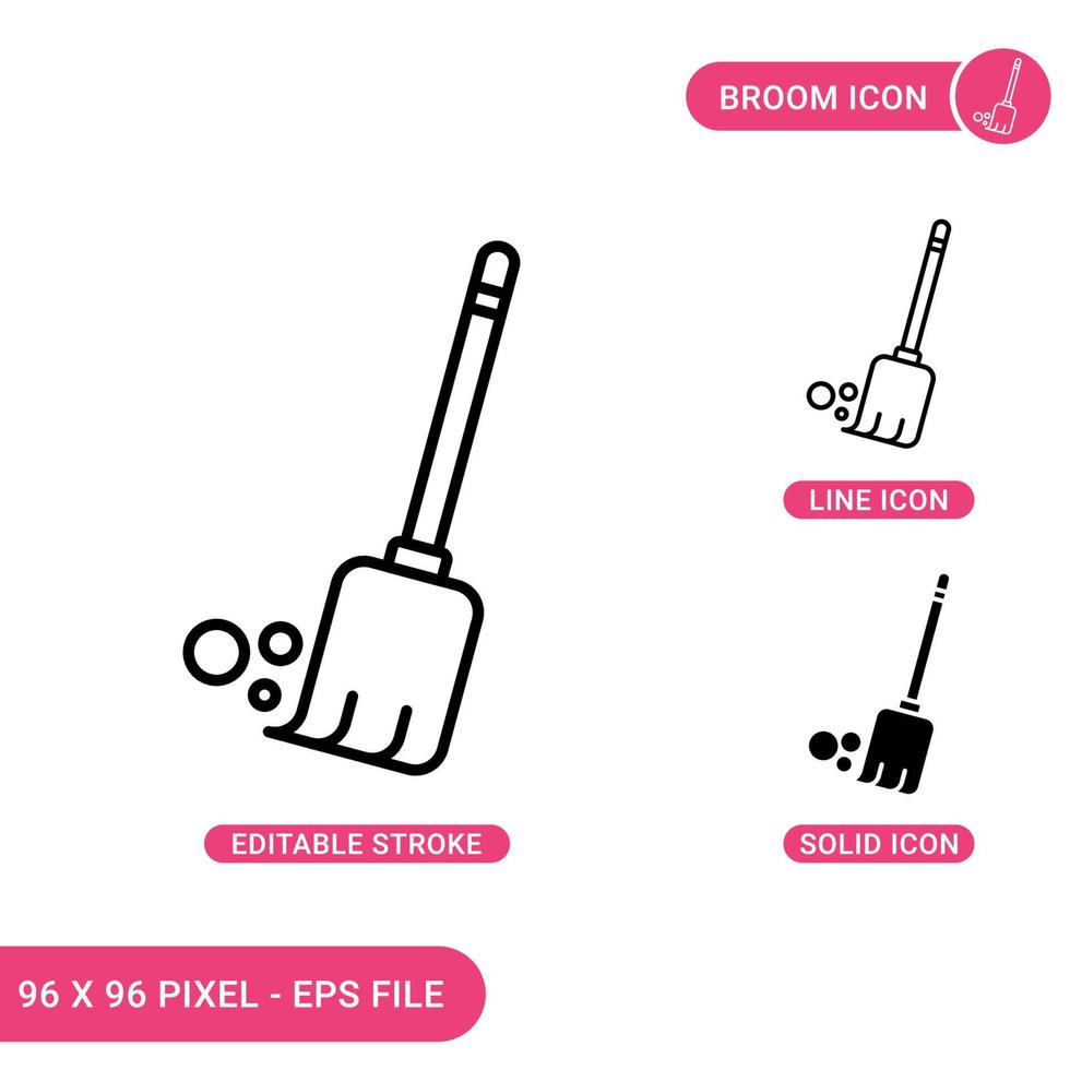 Broom icons set vector illustration with solid icon line style. Tidy broomstick concept. Editable stroke icon on isolated background for web design, infographic and UI mobile app.