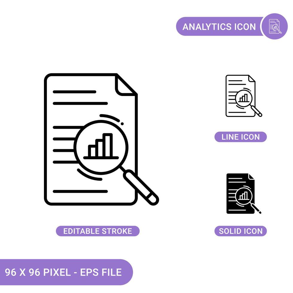 Analytics icons set vector illustration with solid icon line style. Data graph concept. Editable stroke icon on isolated background for web design, infographic and UI mobile app.