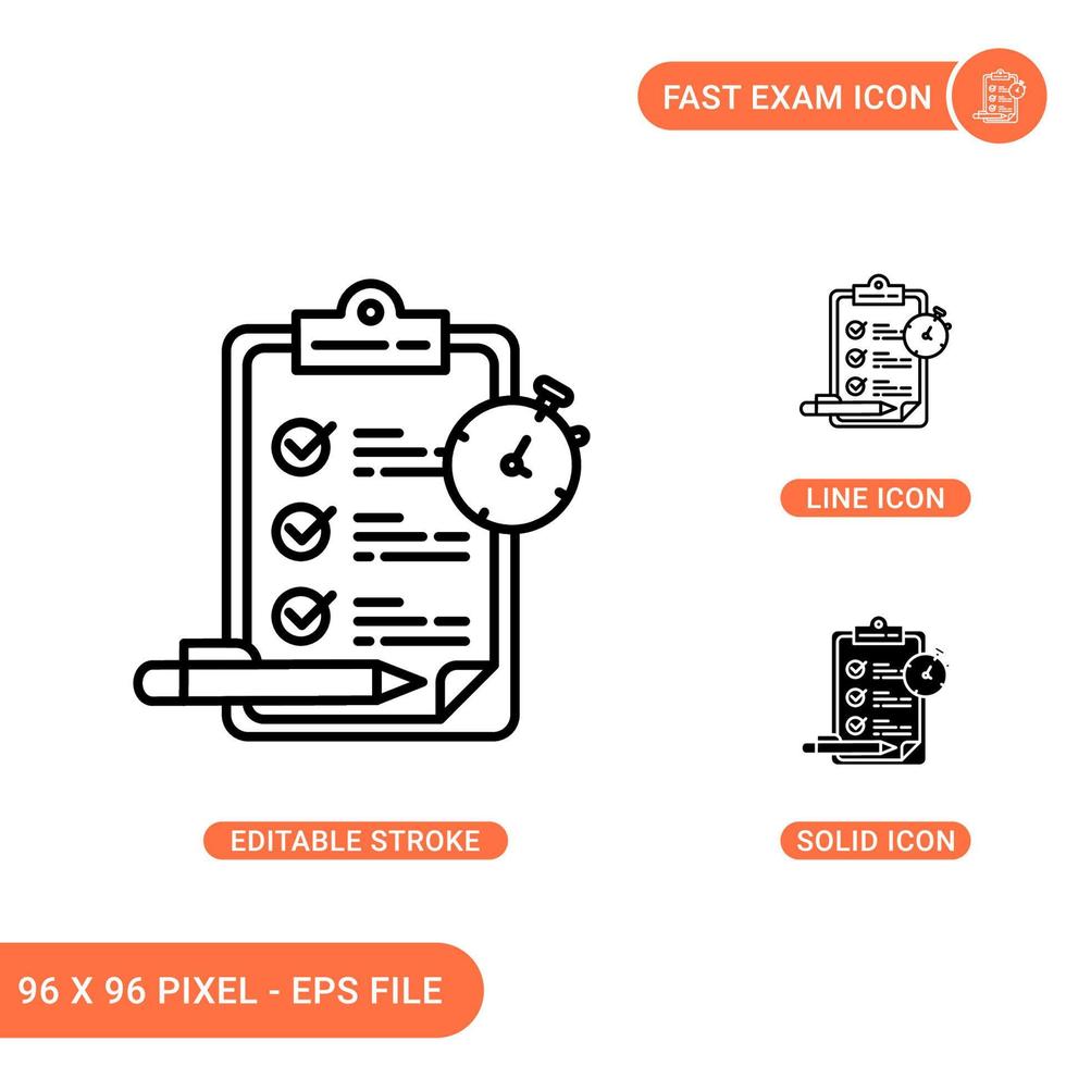 Fast exam icons set vector illustration with solid icon line style. Quick survey content concept. Editable stroke icon on isolated background for web design, infographic and UI mobile app.