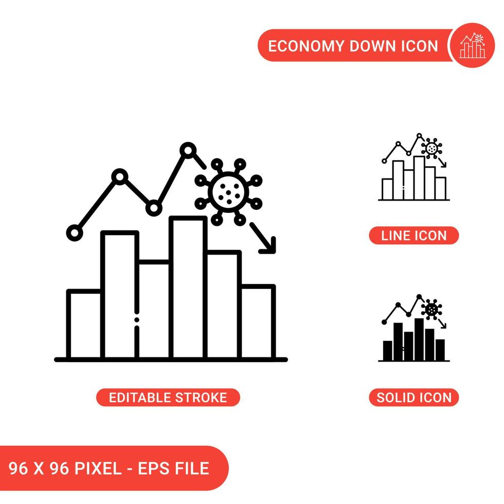 Economy down icons set vector illustration with solid icon line style. Coronavirus impact concept. Editable stroke icon on isolated background for web design, infographic and UI mobile app.