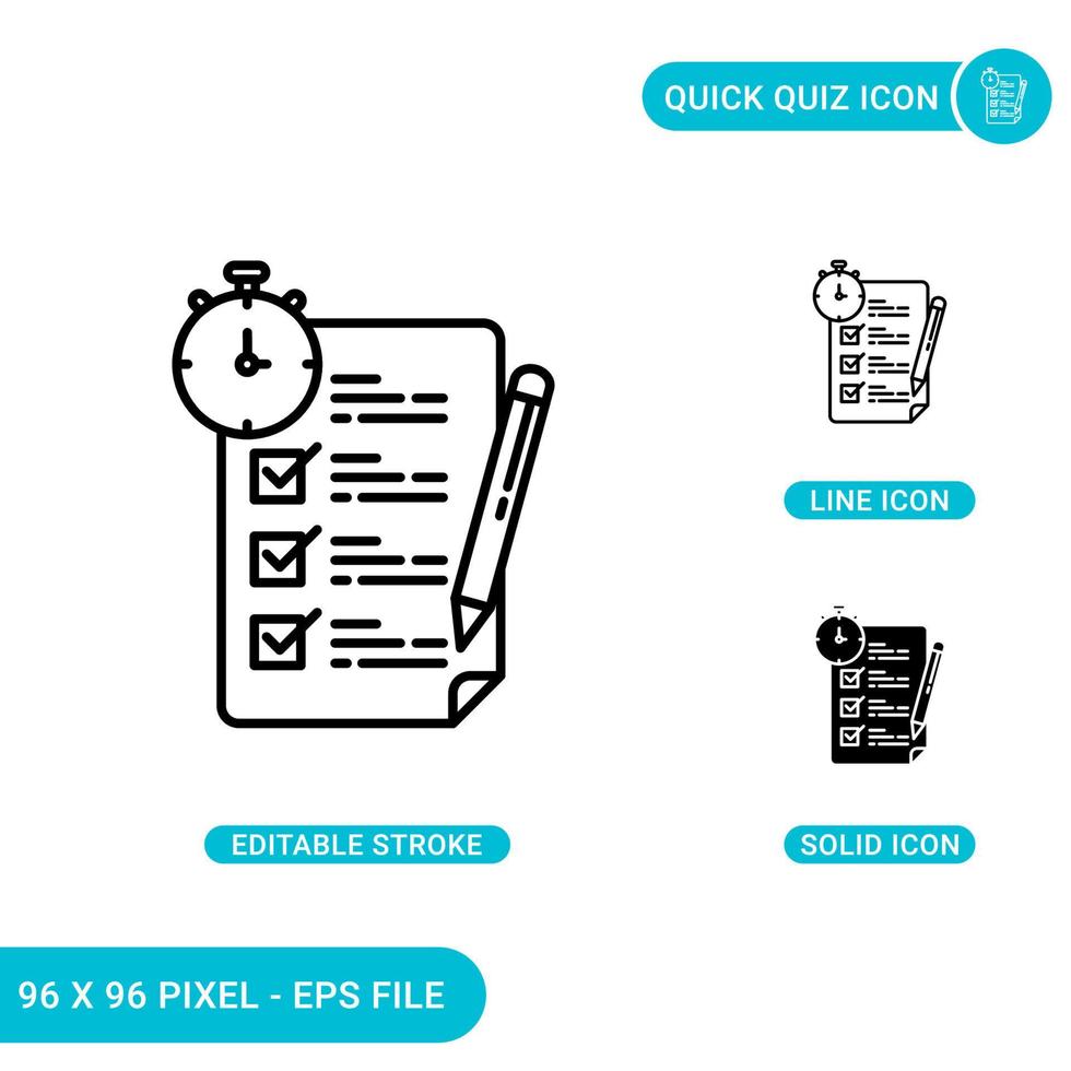 Quick quiz icons set vector illustration with solid icon line style. Exam postpone time concept. Editable stroke icon on isolated background for web design, infographic and UI mobile app.
