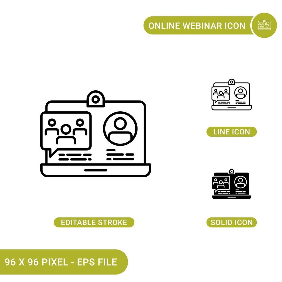 Online webinar icons set vector illustration with solid icon line style. Digital communication concept. Editable stroke icon on isolated background for web design, infographic and UI mobile app.