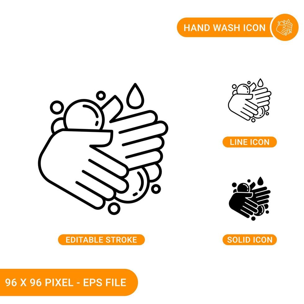 Hand wash icons set vector illustration with solid icon line style. Germ disinfection concept. Editable stroke icon on isolated background for web design, infographic and UI mobile app.