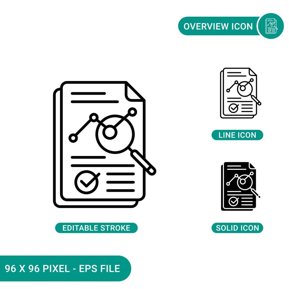 Overview icons set vector illustration with solid icon line style. Financial analysis audit concept. Editable stroke icon on isolated background for web design, infographic and UI mobile app.