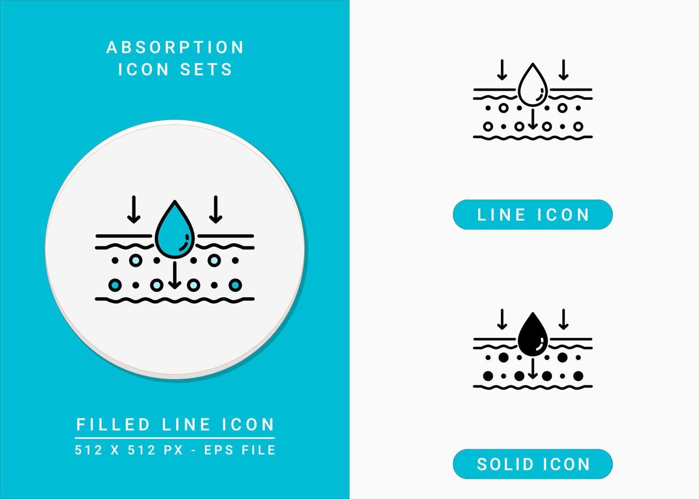 Absorption icons set vector illustration with solid icon line style. Drop water emulsion concept. Editable stroke icon on isolated background for web design, infographic and UI mobile app.