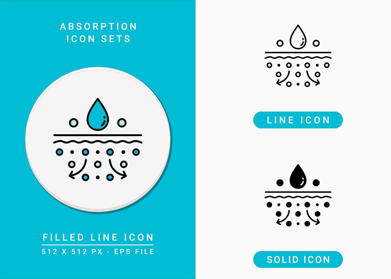 Absorption icons set vector illustration with solid icon line style. Drop water emulsion symbol. Editable stroke icon on isolated background for web design, infographic and UI mobile app.