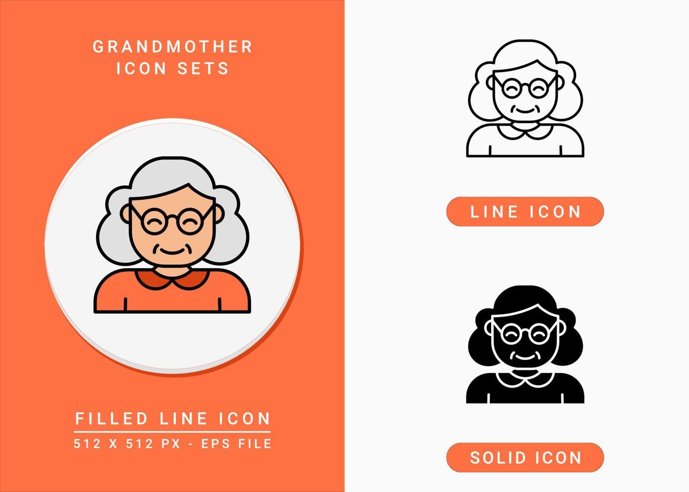 Grandmother icons set vector illustration with solid icon line style. Old people woman symbol. Editable stroke icon on isolated background for web design, user interface, and mobile app