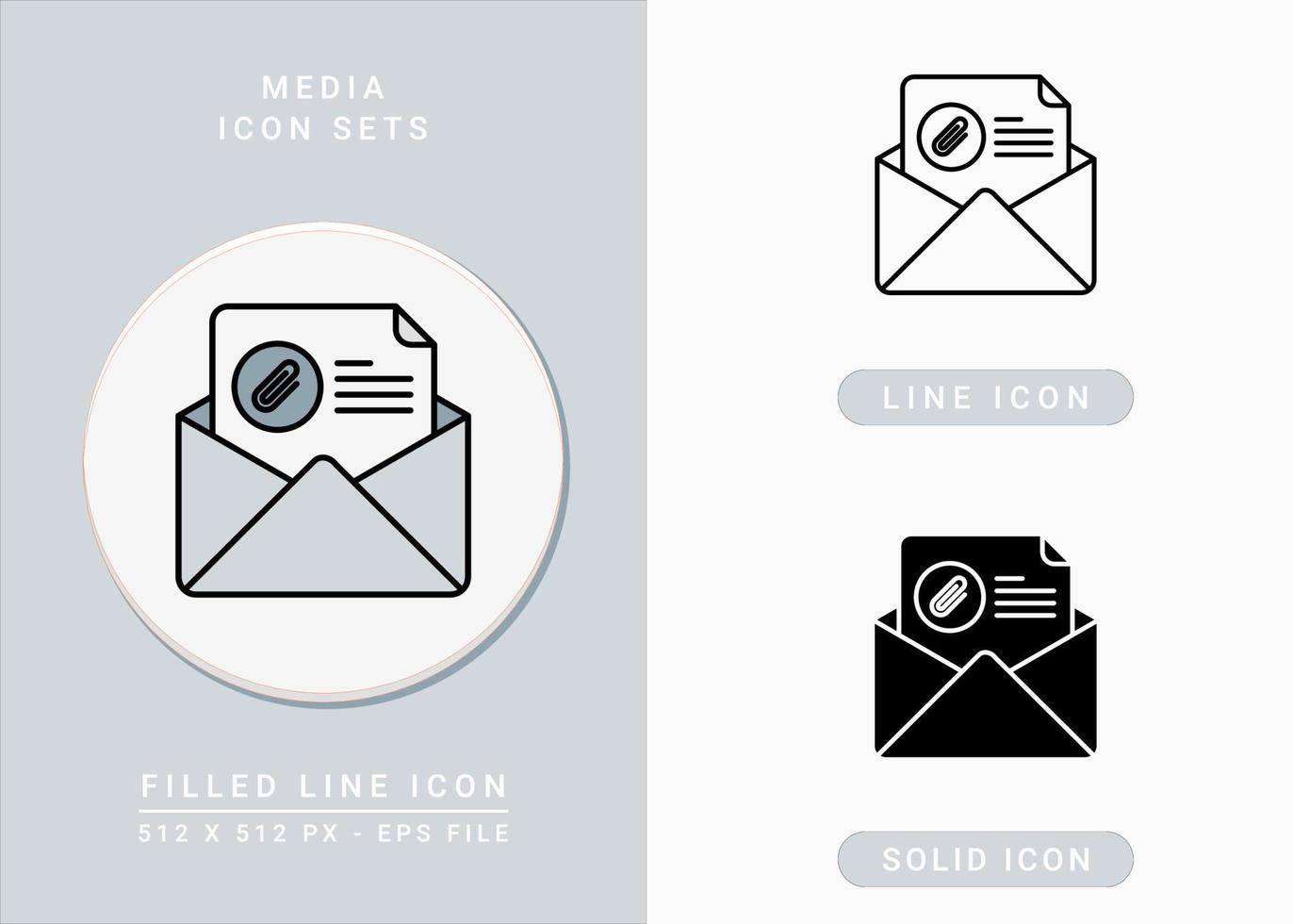 iconos de medios establecer ilustración vectorial con estilo de línea de icono sólido. concepto de boletín de correo electrónico. icono de trazo editable en un fondo aislado para diseño web, infografía y aplicación móvil ui. vector