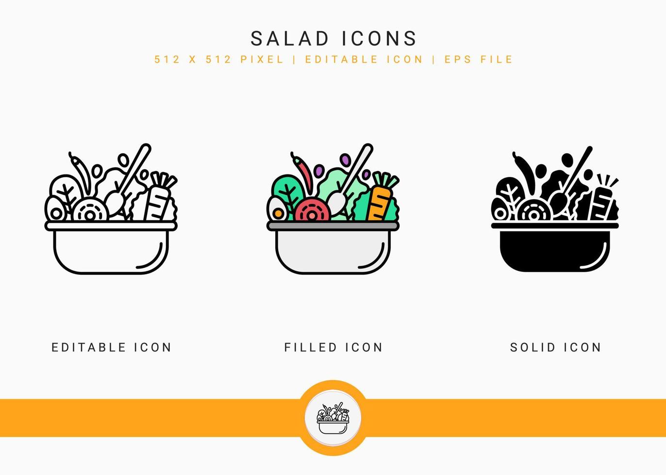 Salad icons set vector illustration with solid icon line style. Healthy diet food concept. Editable stroke icon on isolated white background for web design, user interface, and mobile application