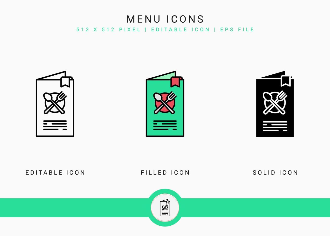 Menu icons set vector illustration with solid icon line style. Restaurant food lists concept. Editable stroke icon on isolated background for web design, infographic and UI mobile app.