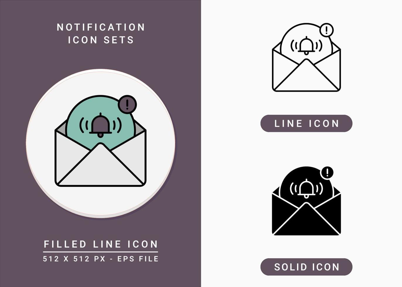 Notification icons set vector illustration with solid icon line style. Message and mail concept. Editable stroke icon on isolated background for web design, infographic and UI mobile app.
