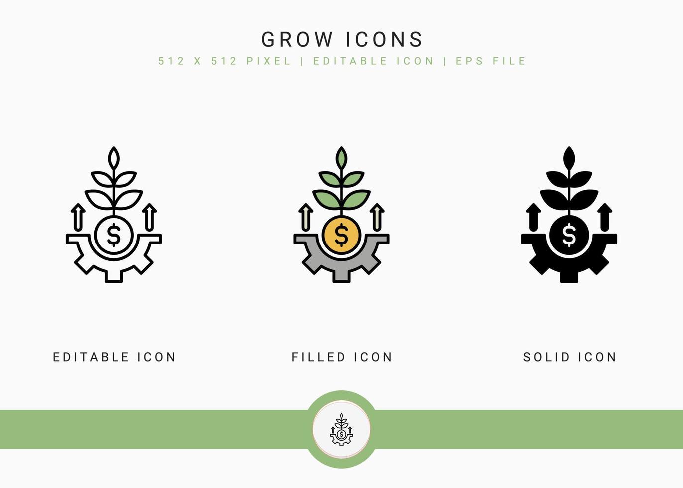 Grow icons set vector illustration with solid icon line style. Business development concept. Editable stroke icon on isolated white background for web design, user interface, and mobile application