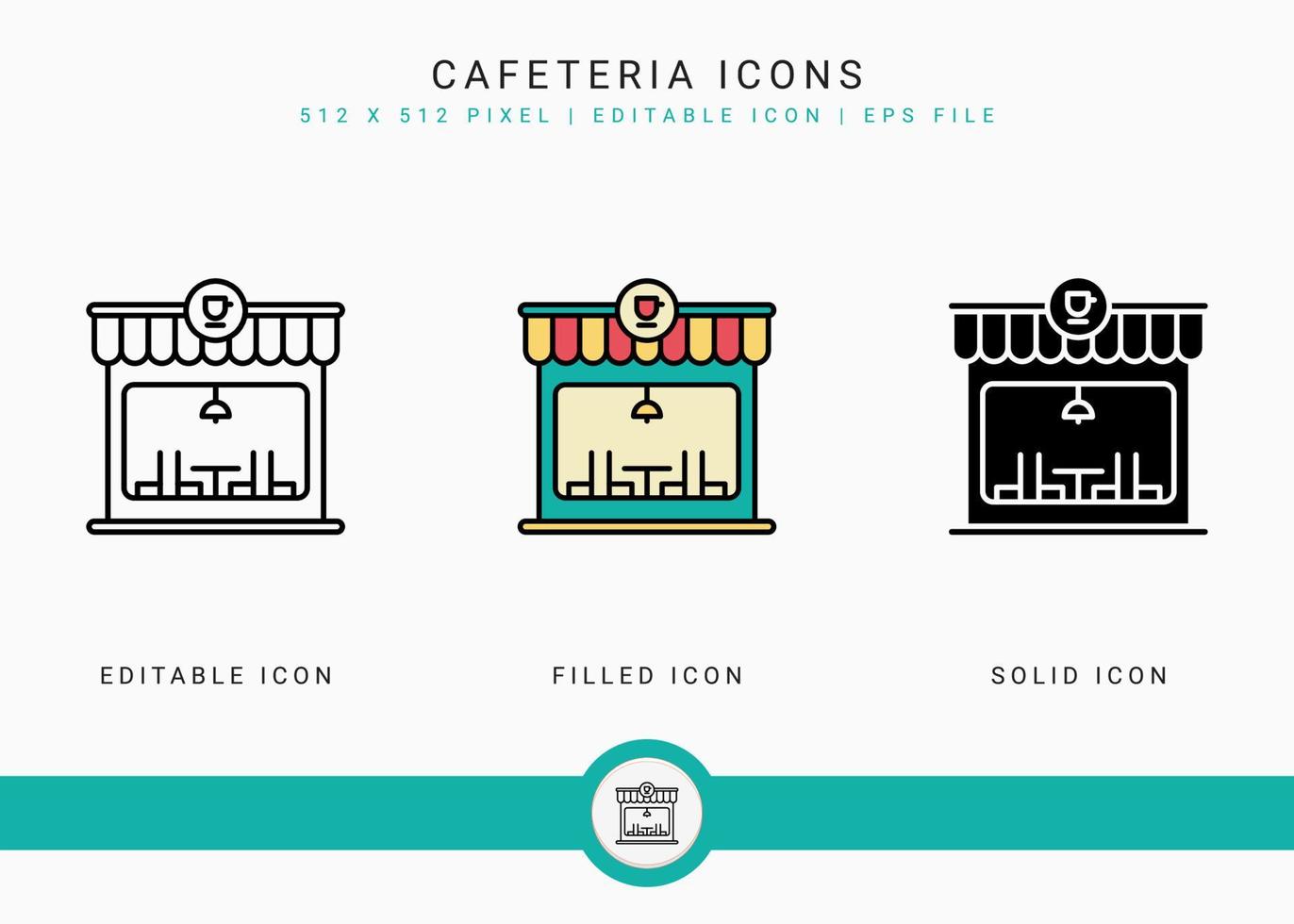 Cafeteria icons set vector illustration with solid icon line style. Modern cafe building concept. Editable stroke icon on isolated background for web design, infographic and UI mobile app.