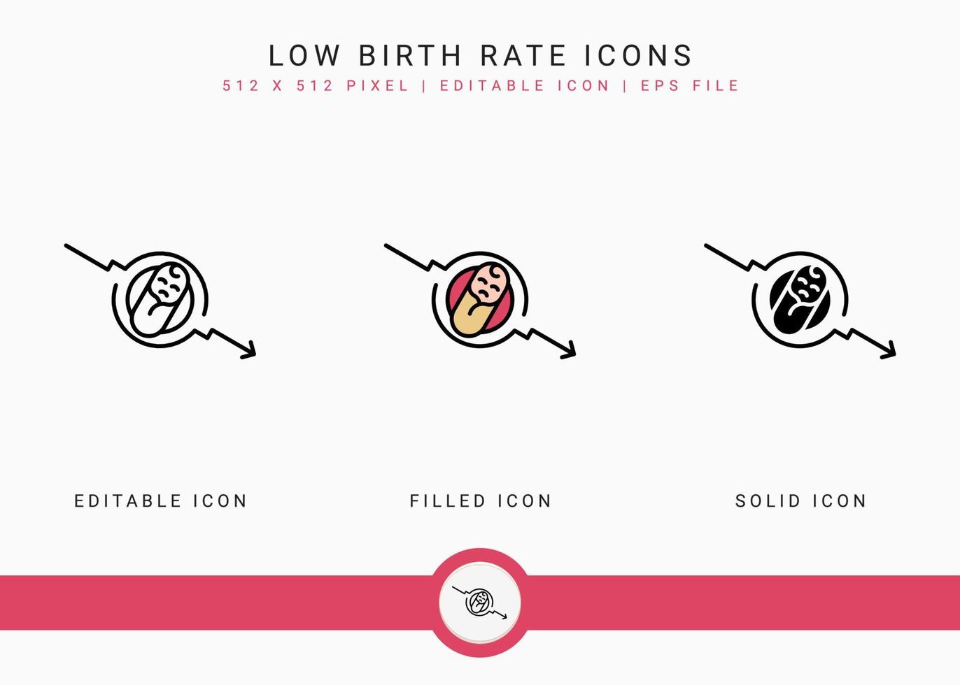 Low birth rate icons set vector illustration with solid icon line style. Loss birthrate population concept. Editable stroke icon on isolated background for web design, infographic and UI mobile app.