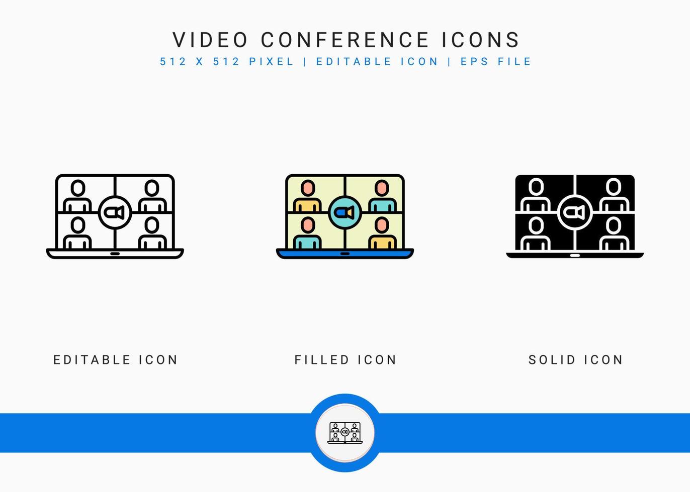 los iconos de videoconferencia establecen una ilustración vectorial con un estilo de línea de icono sólido. concepto de comunicación en línea. icono de trazo editable en un fondo aislado para diseño web, interfaz de usuario y aplicación móvil vector