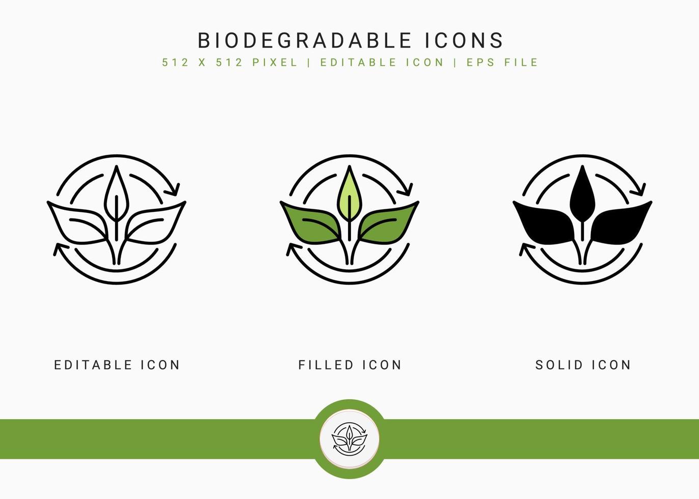 Biodegradable icons set vector illustration with solid icon line style. Bio plastic concept. Editable stroke icon on isolated background for web design, user interface, and mobile application