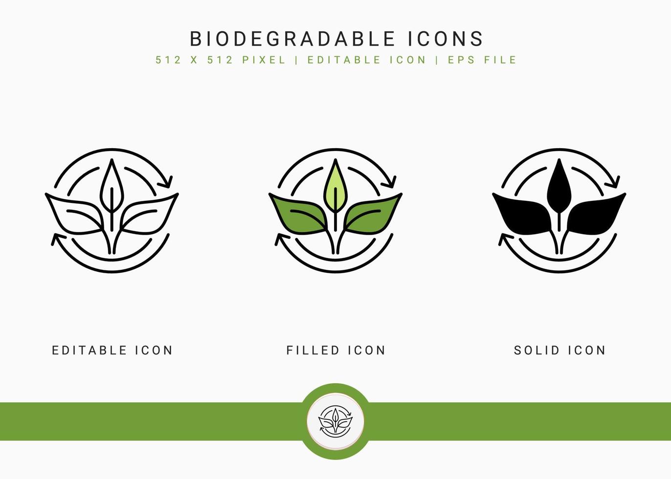 iconos biodegradables establecer ilustración vectorial con estilo de línea de icono sólido. concepto de bioplástico. icono de trazo editable en un fondo aislado para diseño web, interfaz de usuario y aplicación móvil vector