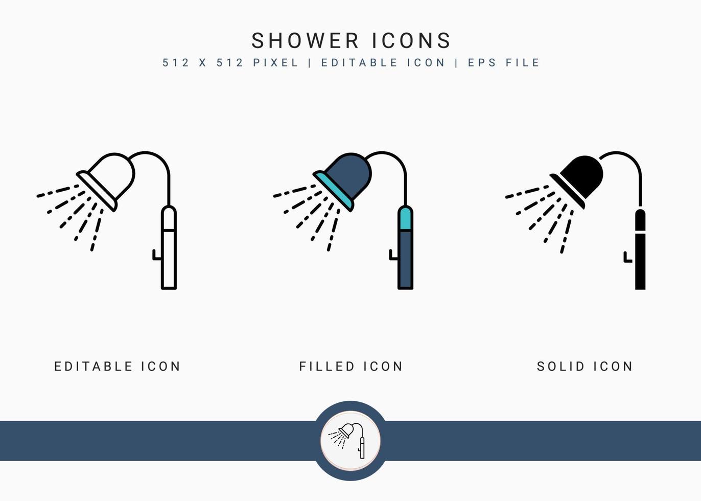 iconos de ducha establecer ilustración vectorial con estilo de línea de icono. concepto de baño con rociadores de ducha. icono de trazo editable sobre fondo blanco aislado para diseño web, interfaz de usuario y aplicación móvil vector