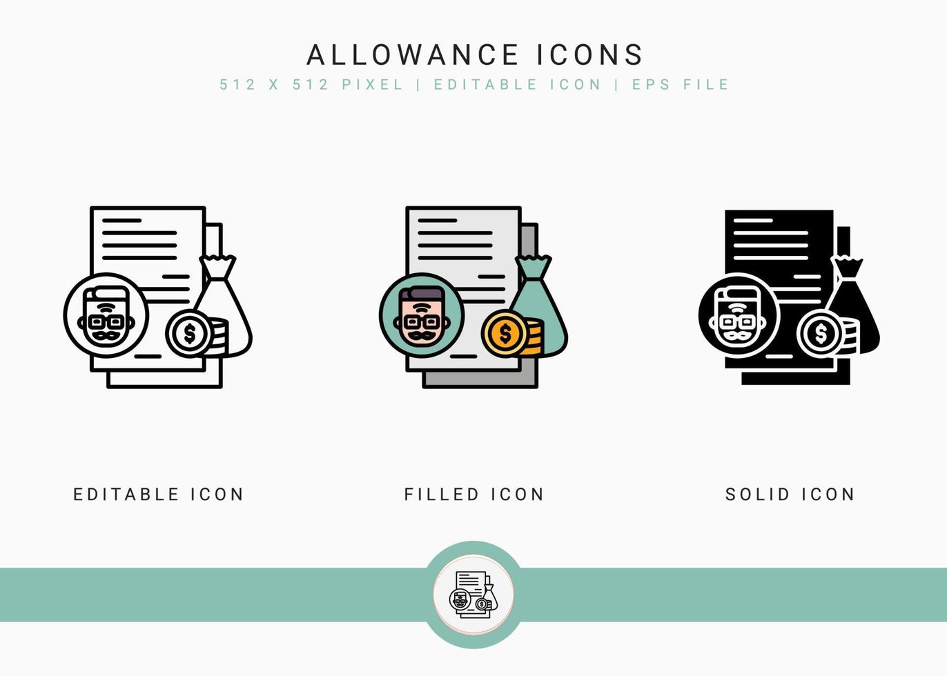 Allowance icons set vector illustration with icon line style. Pension fund plan concept. Editable stroke icon on isolated white background for web design, user interface, and mobile application