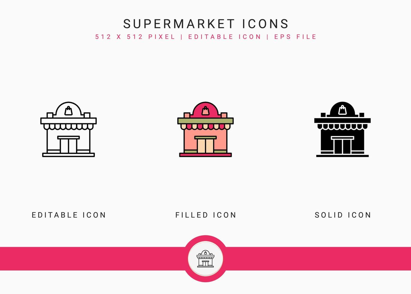 Supermarket icons set vector illustration with solid icon line style. Online store retail concept. Editable stroke icon on isolated background for web design, user interface, and mobile app