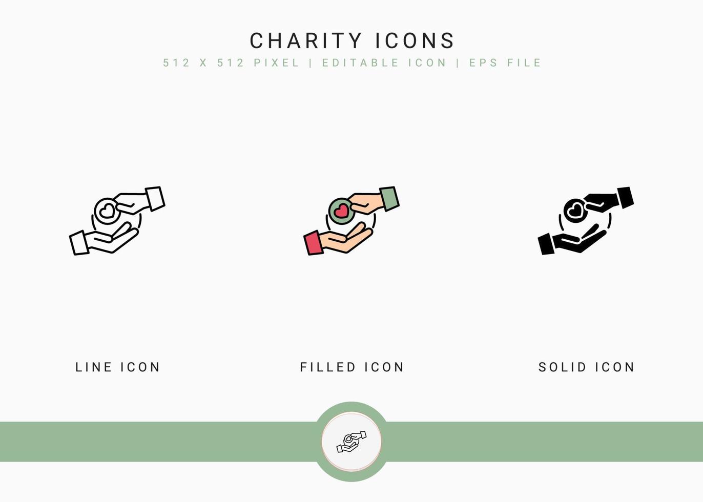 Charity icons set vector illustration with solid icon line style. Charitable give back concept. Editable stroke icon on isolated background for web design, infographic and UI mobile app.