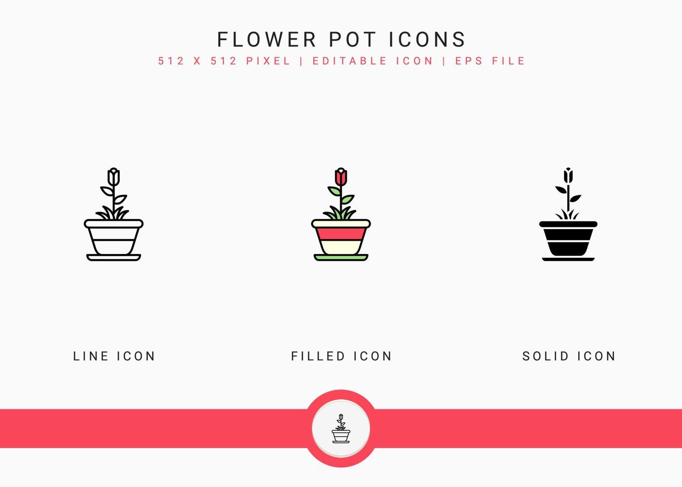Flower Pot icons set vector illustration with solid icon line style. Plant gardening agriculture concept. Editable stroke icon on isolated background for web design, user interface, and mobile app