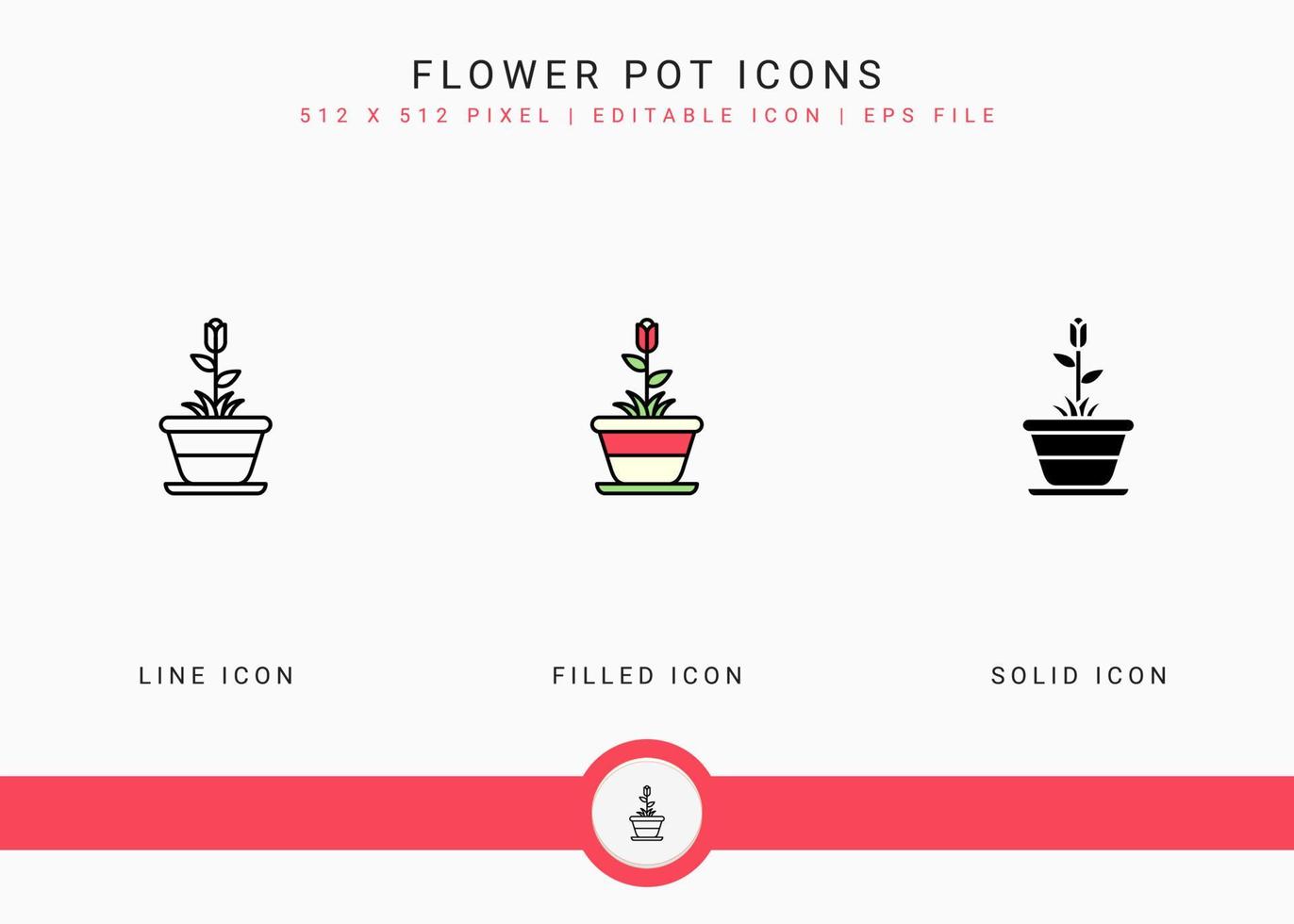 Flower Pot icons set vector illustration with solid icon line style. Plant gardening agriculture concept. Editable stroke icon on isolated background for web design, user interface, and mobile app