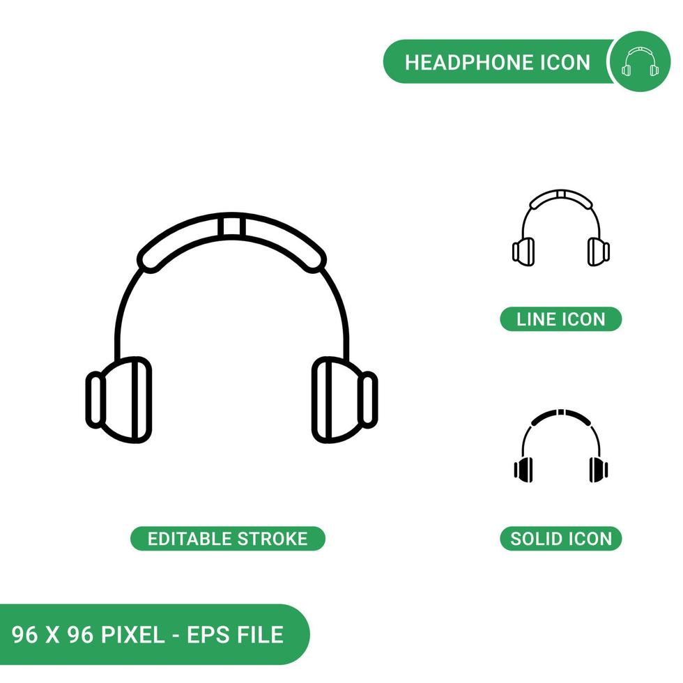 Headphone icons set vector illustration with solid icon line style. Music headset concept. Editable stroke icon on isolated background for web design, infographic and UI mobile app.