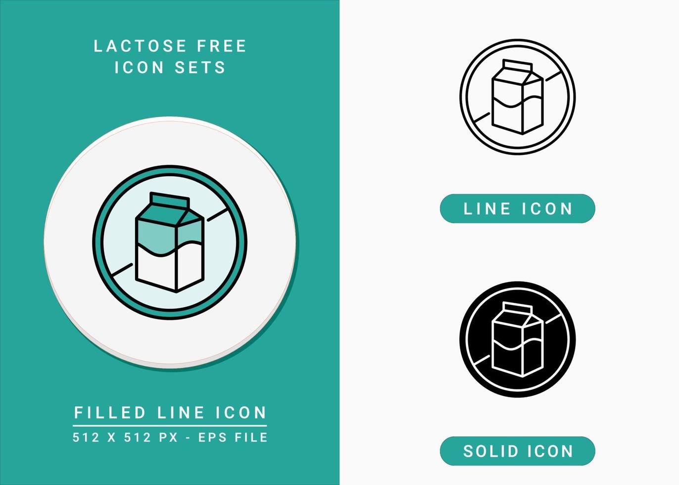 Lactose free icons set vector illustration with solid icon line style. Cow milk box ban concept. Editable stroke icon on isolated white background for web design, infographic and UI mobile app.
